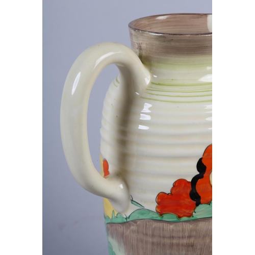 53 - A CLARICE CLIFF SINGLE HANDLED JUG OF LORNA PATTERN, c.1936, the ribbed body painted with a cottage ... 