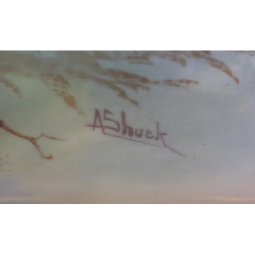 38 - A ROYAL WORCESTER PORCELAIN TWO HANDLED POT POURRI VASE AND COVER SIGNED BY A SHUCK, painted with pe... 