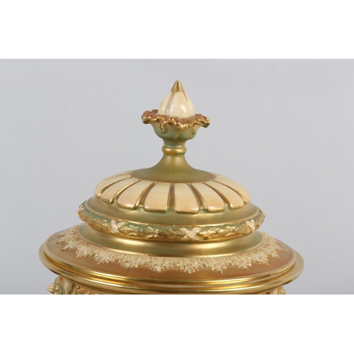 38 - A ROYAL WORCESTER PORCELAIN TWO HANDLED POT POURRI VASE AND COVER SIGNED BY A SHUCK, painted with pe... 