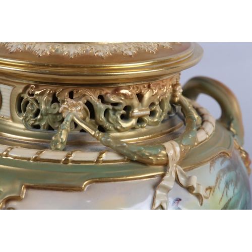 38 - A ROYAL WORCESTER PORCELAIN TWO HANDLED POT POURRI VASE AND COVER SIGNED BY A SHUCK, painted with pe... 