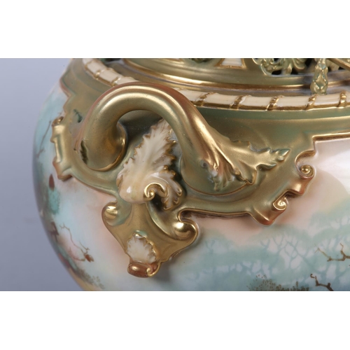 38 - A ROYAL WORCESTER PORCELAIN TWO HANDLED POT POURRI VASE AND COVER SIGNED BY A SHUCK, painted with pe... 