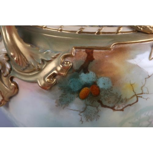 38 - A ROYAL WORCESTER PORCELAIN TWO HANDLED POT POURRI VASE AND COVER SIGNED BY A SHUCK, painted with pe... 