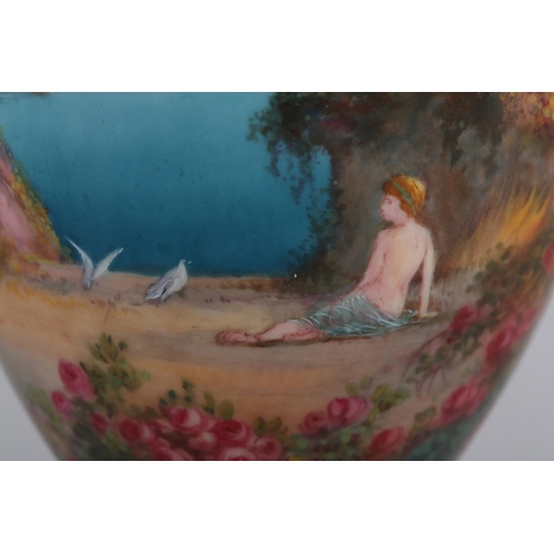 39 - A ROYAL WORCESTER PORCELAIN TWO HANDLED VASE SIGNED BY WALTER SEDGLEY, painted with a semi-clad fema... 