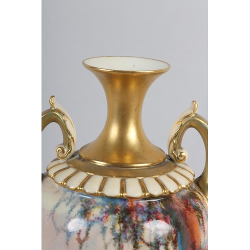 39 - A ROYAL WORCESTER PORCELAIN TWO HANDLED VASE SIGNED BY WALTER SEDGLEY, painted with a semi-clad fema... 