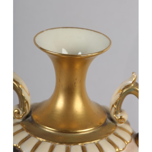 39 - A ROYAL WORCESTER PORCELAIN TWO HANDLED VASE SIGNED BY WALTER SEDGLEY, painted with a semi-clad fema... 