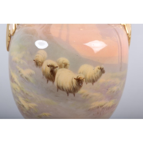 40 - A ROYAL WORCESTER PORCELAIN TWO-HANDLED VASE AND COVER SIGNED BY HARRY DAVIS, painted in experimenta... 