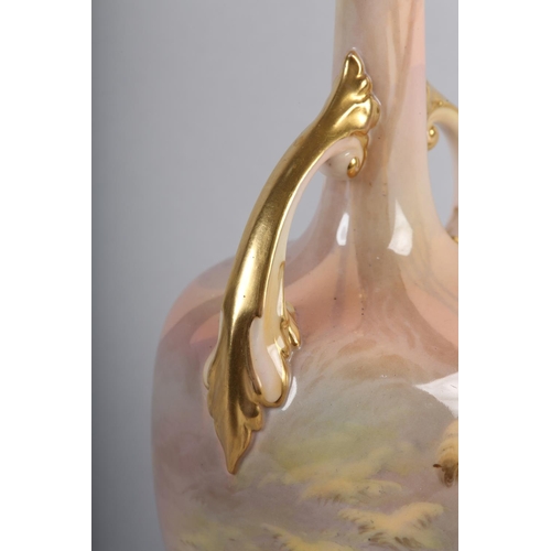 40 - A ROYAL WORCESTER PORCELAIN TWO-HANDLED VASE AND COVER SIGNED BY HARRY DAVIS, painted in experimenta... 