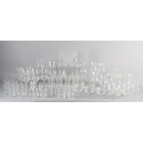 139 - A LARGE SUITE OF EDINBURGH CRYSTAL TABLE GLASS OF THISTLE PATTERN, to include claret jug 31cm, decan... 
