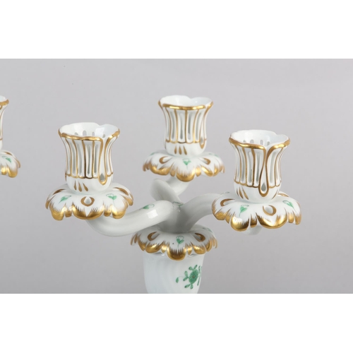 55 - A PAIR OF HEREND PORCELAIN THREE LIGHT CANDELABRA, of Chinese Bouquet Apponyi Green pattern, 22.5cm ... 
