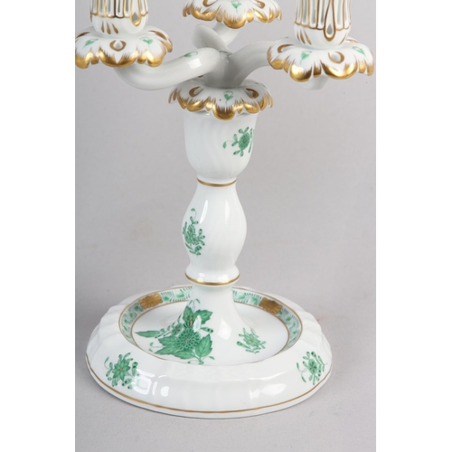 55 - A PAIR OF HEREND PORCELAIN THREE LIGHT CANDELABRA, of Chinese Bouquet Apponyi Green pattern, 22.5cm ... 