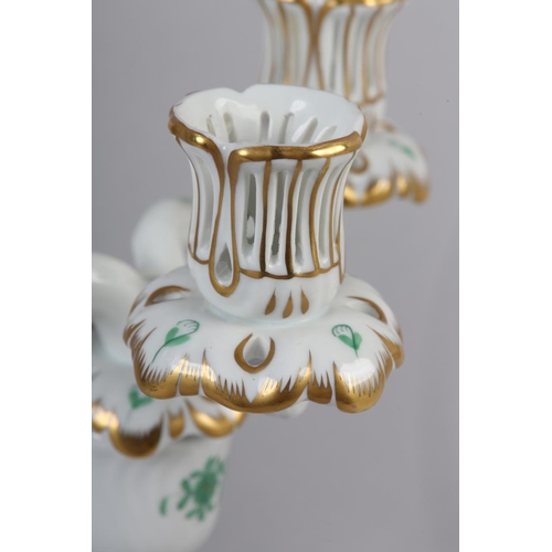 55 - A PAIR OF HEREND PORCELAIN THREE LIGHT CANDELABRA, of Chinese Bouquet Apponyi Green pattern, 22.5cm ... 