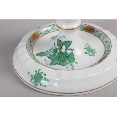 55 - A PAIR OF HEREND PORCELAIN THREE LIGHT CANDELABRA, of Chinese Bouquet Apponyi Green pattern, 22.5cm ... 