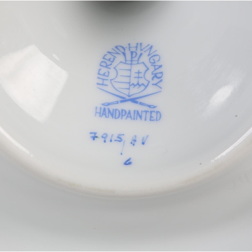 55 - A PAIR OF HEREND PORCELAIN THREE LIGHT CANDELABRA, of Chinese Bouquet Apponyi Green pattern, 22.5cm ... 