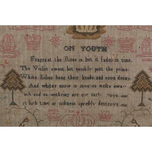 13 - AN EARLY 19th CENTURY SAMPLER worked by Susannah xxxidyard August 1817, in silk with crown 'Ich Diem... 