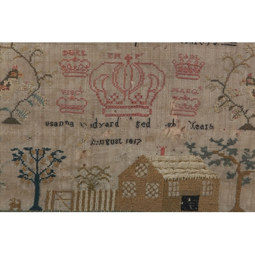 13 - AN EARLY 19th CENTURY SAMPLER worked by Susannah xxxidyard August 1817, in silk with crown 'Ich Diem... 