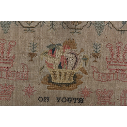 13 - AN EARLY 19th CENTURY SAMPLER worked by Susannah xxxidyard August 1817, in silk with crown 'Ich Diem... 