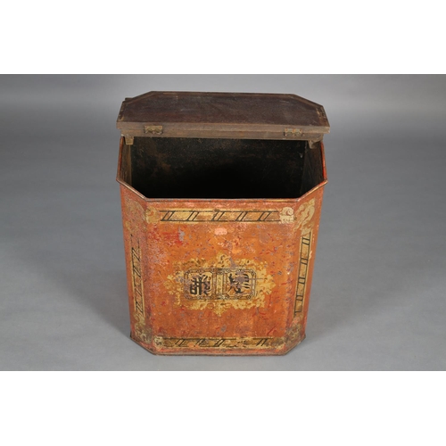 12 - A 19TH CENTURY TOLEWARE TEA CHEST, chinoiserie decorated in gilt and black on a red ground, the late... 