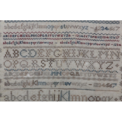 14 - AN EARLY TO MID 19TH CENTURY SAMPLER worked by Louisa C Elkins age 12 years, in silks with alphabet ... 