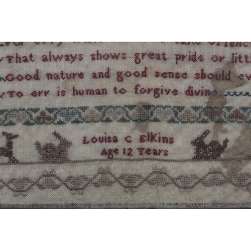 14 - AN EARLY TO MID 19TH CENTURY SAMPLER worked by Louisa C Elkins age 12 years, in silks with alphabet ... 
