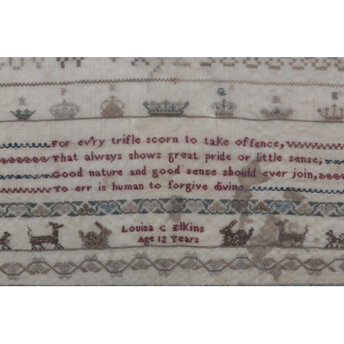 14 - AN EARLY TO MID 19TH CENTURY SAMPLER worked by Louisa C Elkins age 12 years, in silks with alphabet ... 