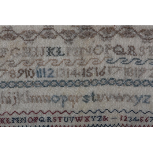 14 - AN EARLY TO MID 19TH CENTURY SAMPLER worked by Louisa C Elkins age 12 years, in silks with alphabet ... 