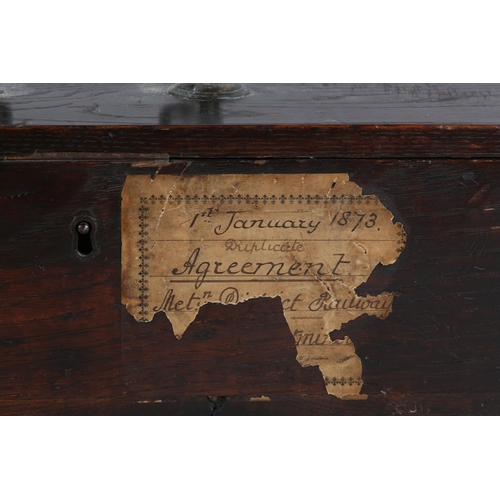 29 - A 19TH CENTURY DOCUMENT BOX bearing a partial label for Metn. District Railway, with gilded swing ha... 