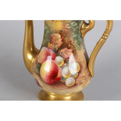42 - A ROYAL WORCESTER FRUIT PAINTED COFFEE POT, signed by Mosley, the baluster body with peaches and gra... 