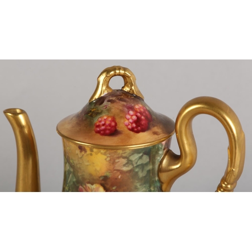 42 - A ROYAL WORCESTER FRUIT PAINTED COFFEE POT, signed by Mosley, the baluster body with peaches and gra... 