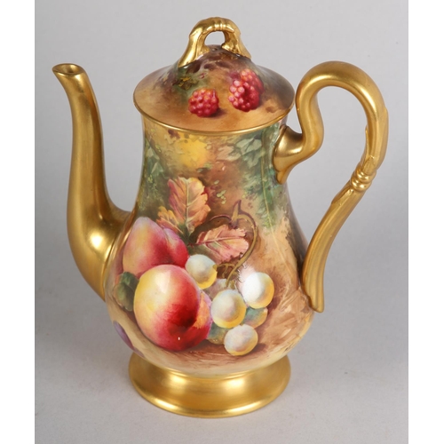 42 - A ROYAL WORCESTER FRUIT PAINTED COFFEE POT, signed by Mosley, the baluster body with peaches and gra... 