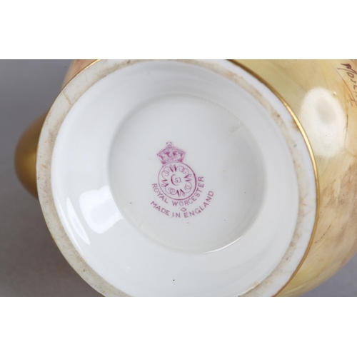 42 - A ROYAL WORCESTER FRUIT PAINTED COFFEE POT, signed by Mosley, the baluster body with peaches and gra... 