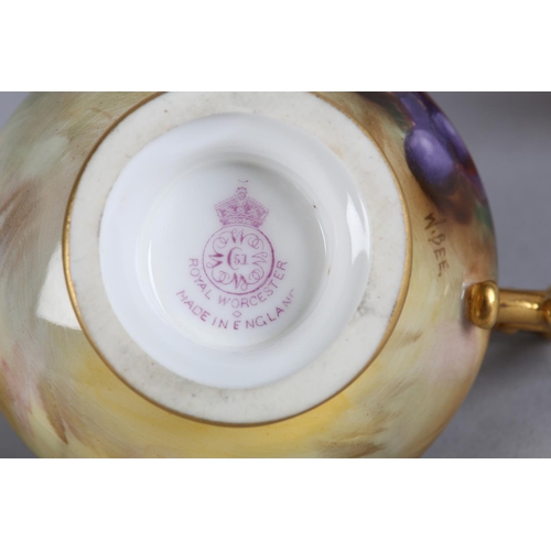 43 - A ROYAL WORCESTER FRUIT PAINTED CREAM JUG, signed by W Bee, the compressed body with apples and grap... 