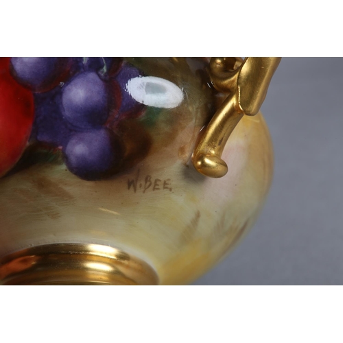 43 - A ROYAL WORCESTER FRUIT PAINTED CREAM JUG, signed by W Bee, the compressed body with apples and grap... 