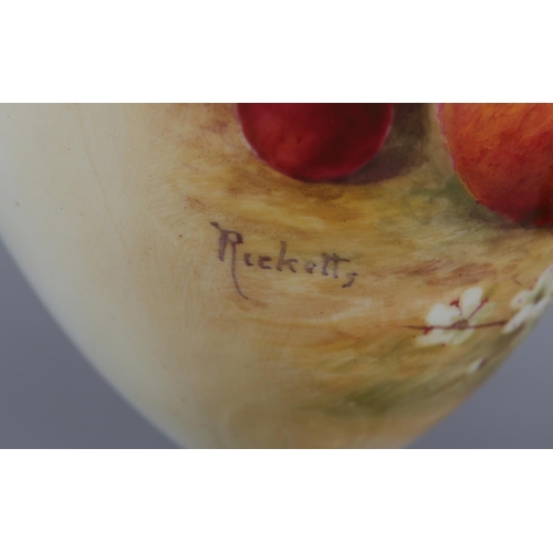 44 - A PAIR OF ROYAL WORCESTER FRUIT PAINTED VASES, signed by Ricketts, one with apples and cherries, the... 