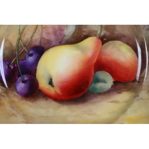 45 - A ROYAL WORCESTER FRUIT PAINTED TRIO of coffee can, saucer and plate, signed Moseley, painted with p... 