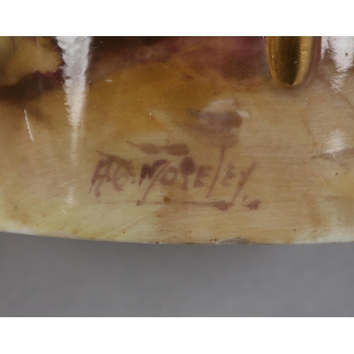 45 - A ROYAL WORCESTER FRUIT PAINTED TRIO of coffee can, saucer and plate, signed Moseley, painted with p... 