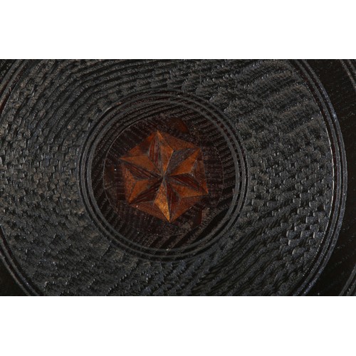 37 - A 19TH CENTURY ELM DRUM SHAPED BOX, the turned cover inlaid with a six point star to the centre, int... 