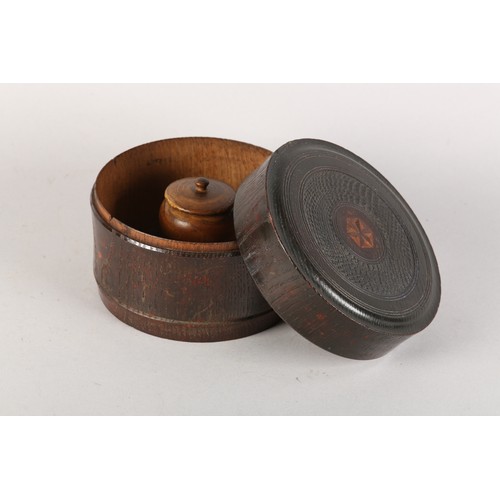 37 - A 19TH CENTURY ELM DRUM SHAPED BOX, the turned cover inlaid with a six point star to the centre, int... 