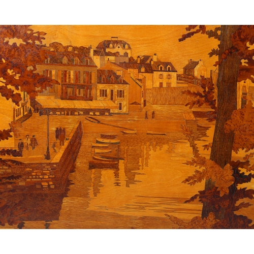 40 - ROSENAU WORKSHOP, The Port of Sauzon at Belle Ile en Mer, marquetry panel, a view of the harbour, wi... 