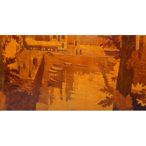 40 - ROSENAU WORKSHOP, The Port of Sauzon at Belle Ile en Mer, marquetry panel, a view of the harbour, wi... 