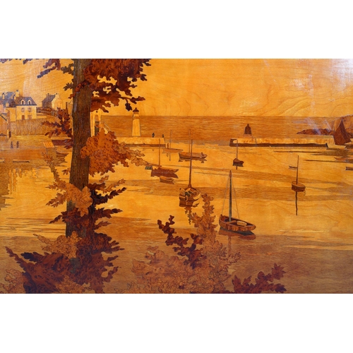 40 - ROSENAU WORKSHOP, The Port of Sauzon at Belle Ile en Mer, marquetry panel, a view of the harbour, wi... 