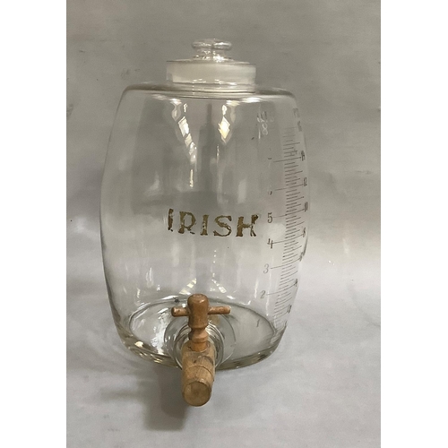 141 - An Irish glass whiskey barrel, lettered in gilt and engraved with measure to 8 quarts - 16 pints, wo... 