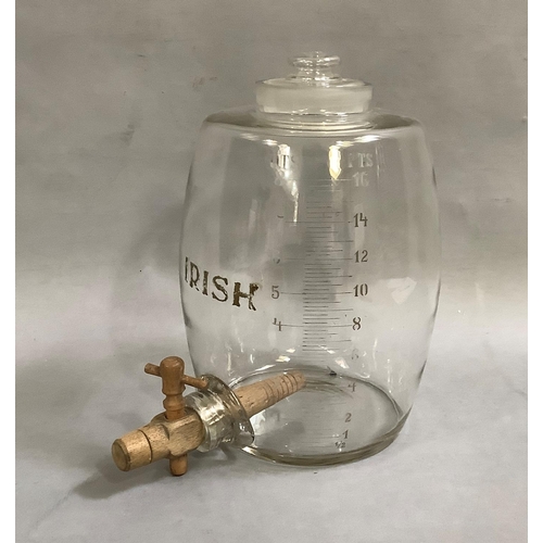 141 - An Irish glass whiskey barrel, lettered in gilt and engraved with measure to 8 quarts - 16 pints, wo... 