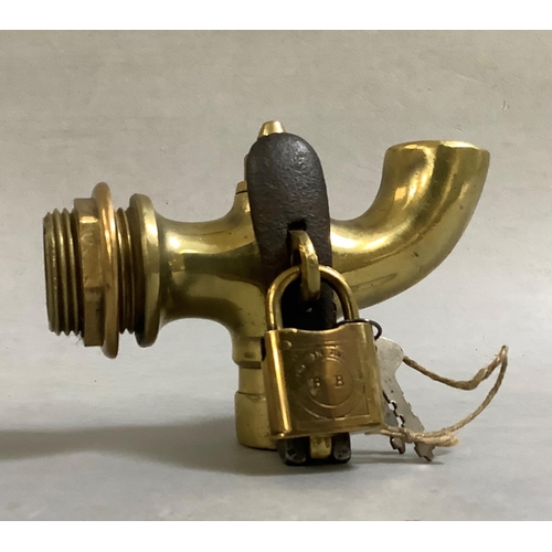 142 - A 19th century heavy brass barrel tap or spigot with iron latch and brass padlock with later keys, 1... 