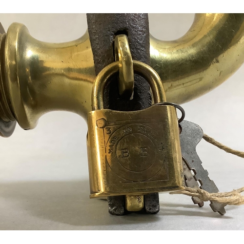 142 - A 19th century heavy brass barrel tap or spigot with iron latch and brass padlock with later keys, 1... 