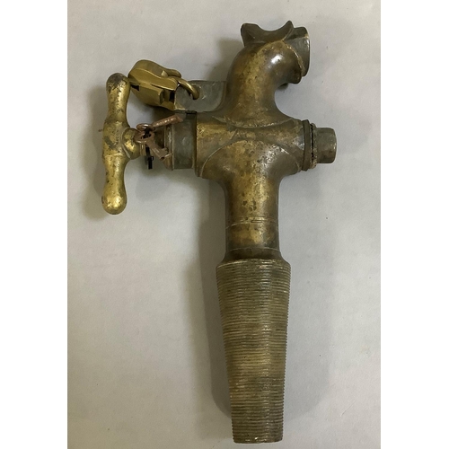 143 - A large 19th century French brass barrel tap or spigot, stamped Fortoule Cie Macon with padlock loop... 
