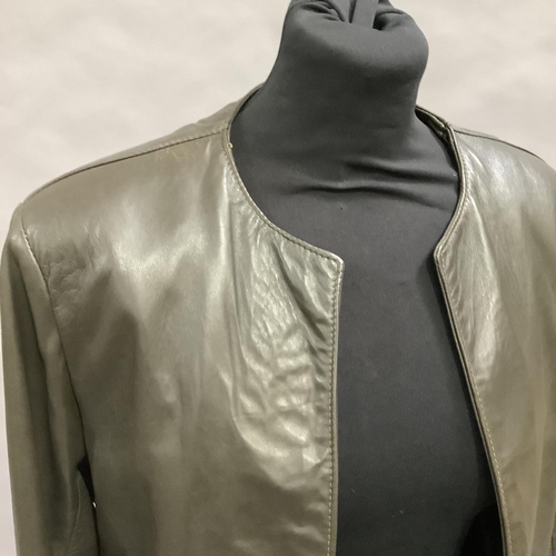284 - An Italian dark brown/grey soft leather jacket, collarless edge-to-edge design with slit pockets, Si... 