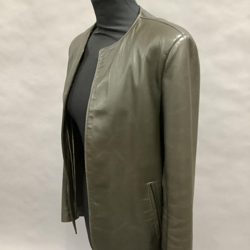 284 - An Italian dark brown/grey soft leather jacket, collarless edge-to-edge design with slit pockets, Si... 