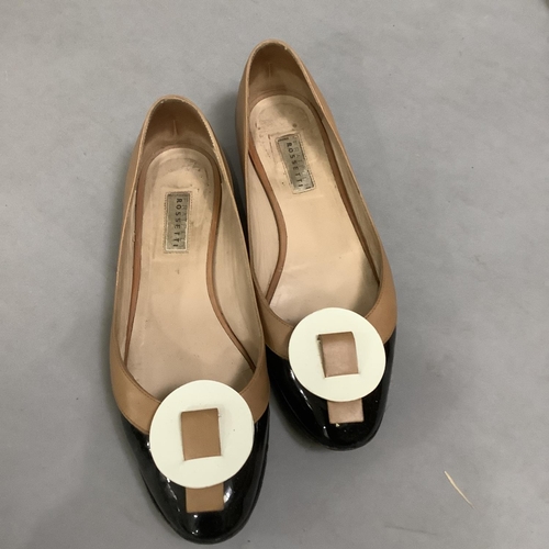 287 - A pair of Pretty Ballerinas pumps in ivory quilted leather with black patent toes, Size 38, a pair o... 