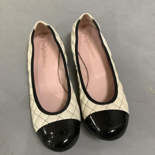 287 - A pair of Pretty Ballerinas pumps in ivory quilted leather with black patent toes, Size 38, a pair o... 