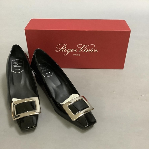 287 - A pair of Pretty Ballerinas pumps in ivory quilted leather with black patent toes, Size 38, a pair o... 